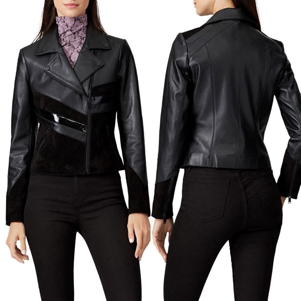 Slate & Willow Mixed Media Colorblock Moto Leather Jacket, size S